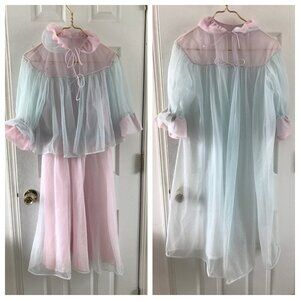 1950's 3 Piece Ensemble Negligees Lingerie Pink & Blue Gown Bed Jacket & Jacket